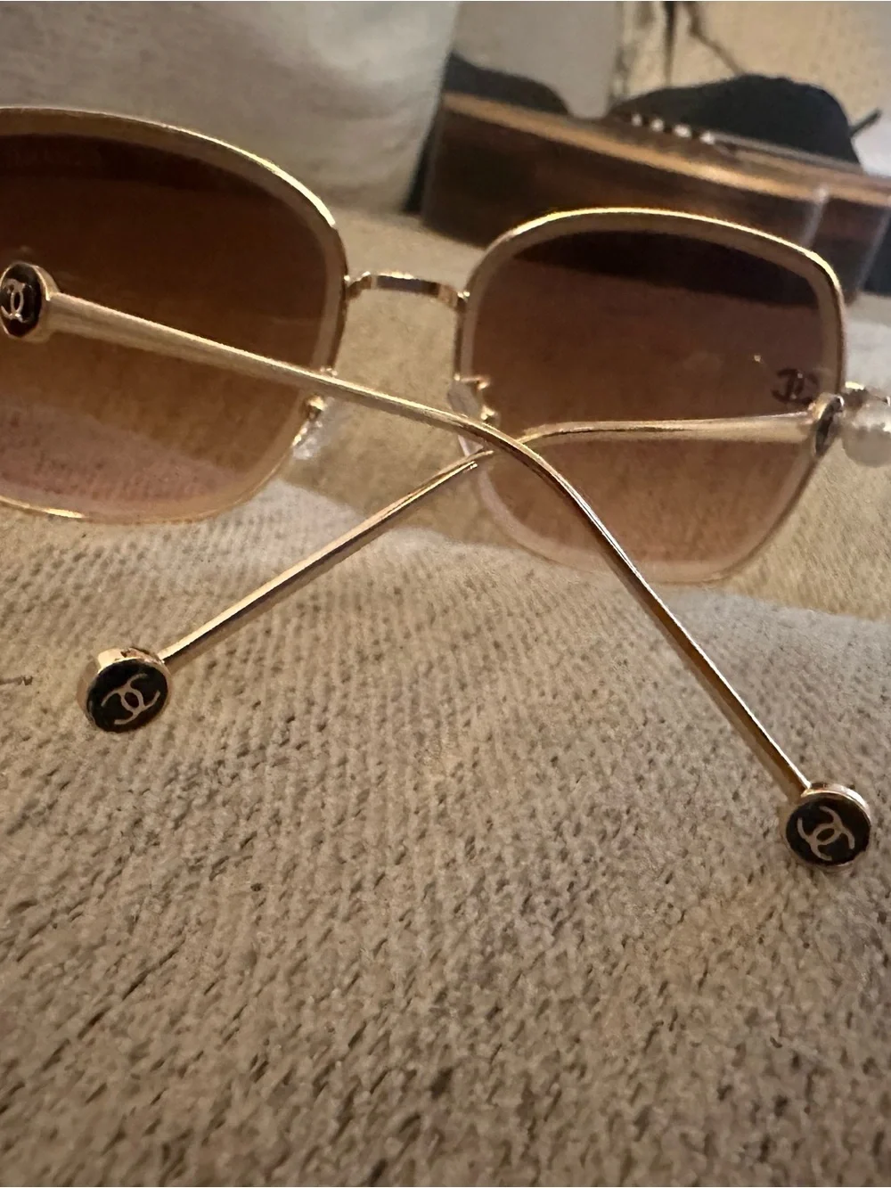 Gold Frame Brown Gradient Sunglasses with Pearl Temple Detail